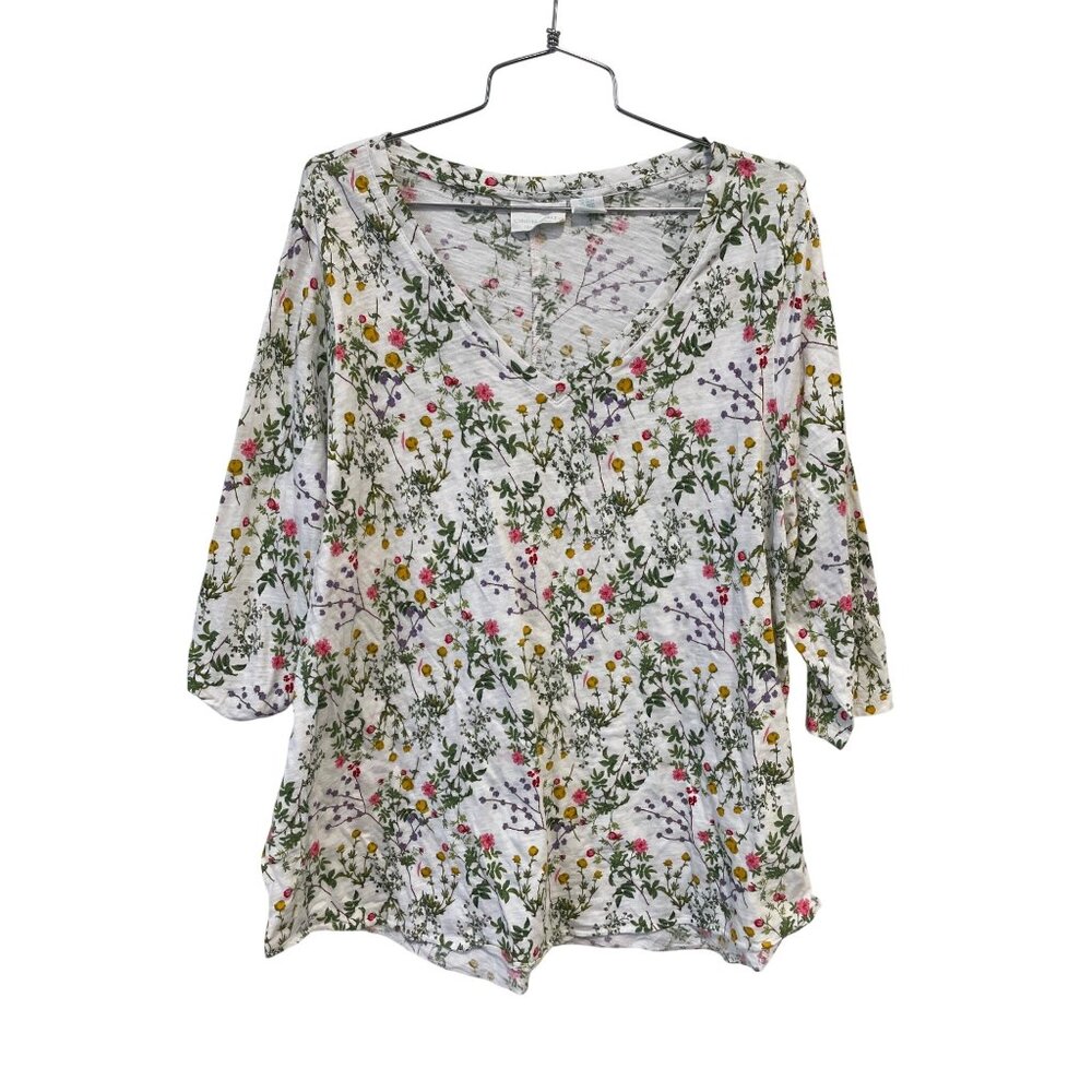 Cynthia Rowley Top Plus Size 2X Floral V Neck 3/4 Sleeve White Multicolor Boho
